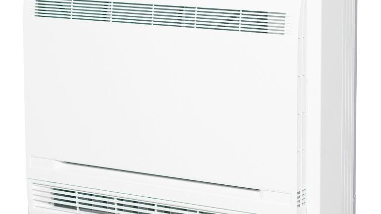 Kompakt gulvmodell med luftinntak øverst og spalter nederst for jevn fordeling.