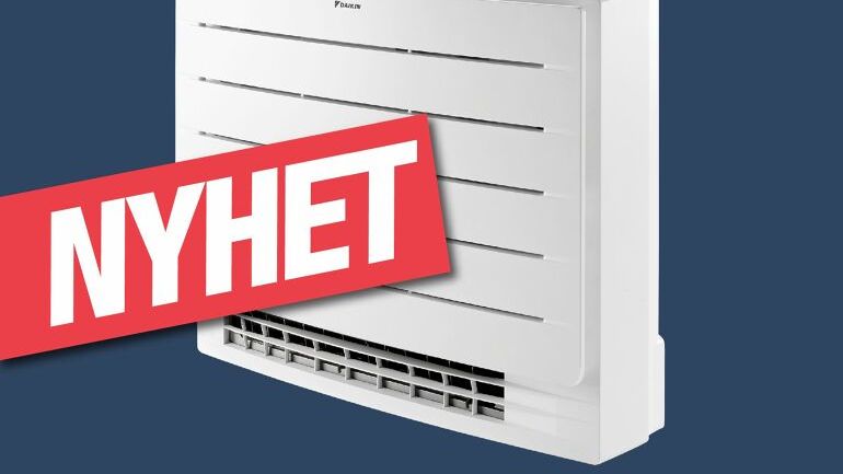 Kompakt gulvmodell fra Daikin merket med «NYHET», med luftspalter oppe og nede.